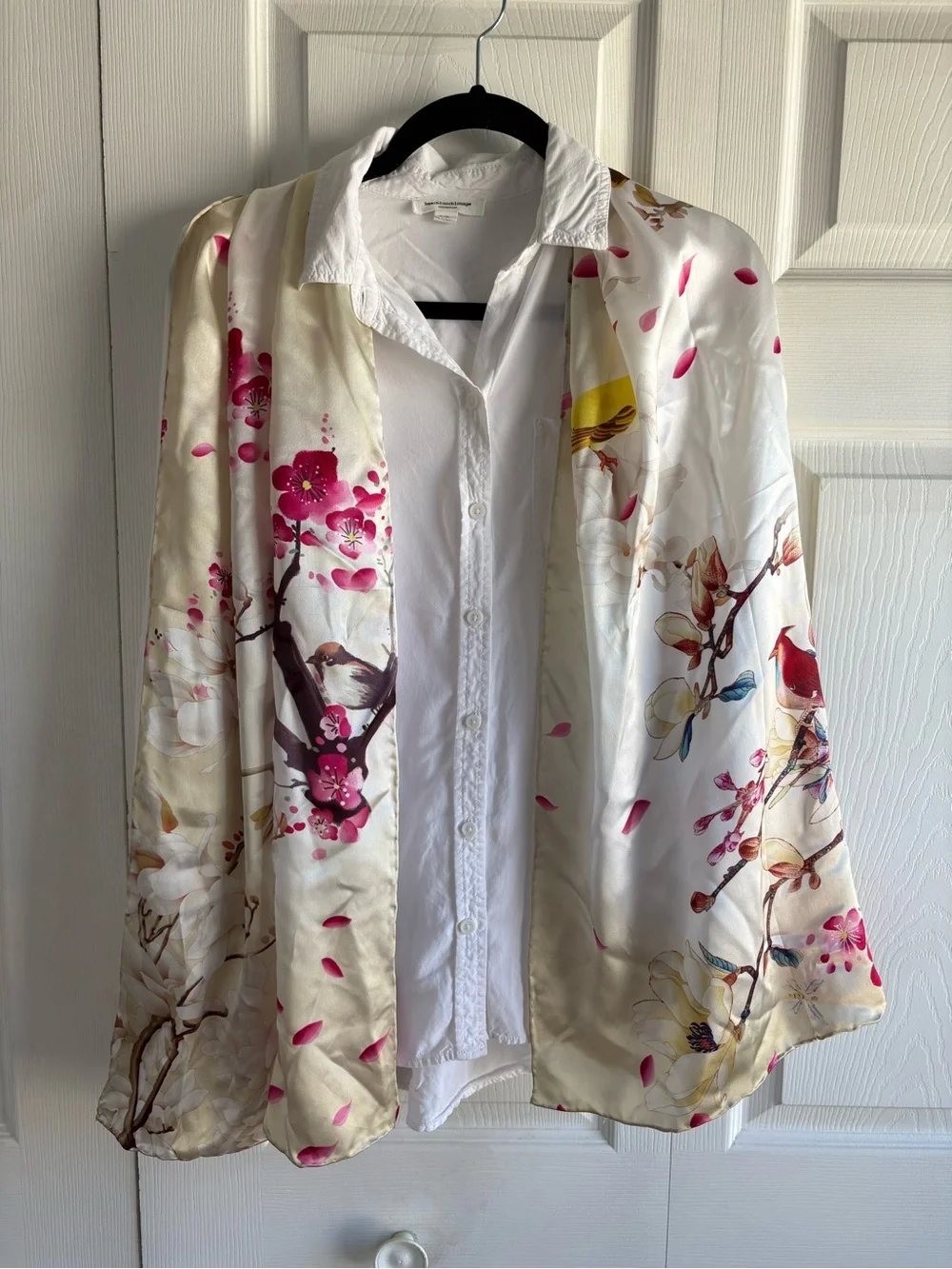 Luxury 100% Charmeuse Silk Long Scarf Cherry Blossom Bird Floral Novelty Academi